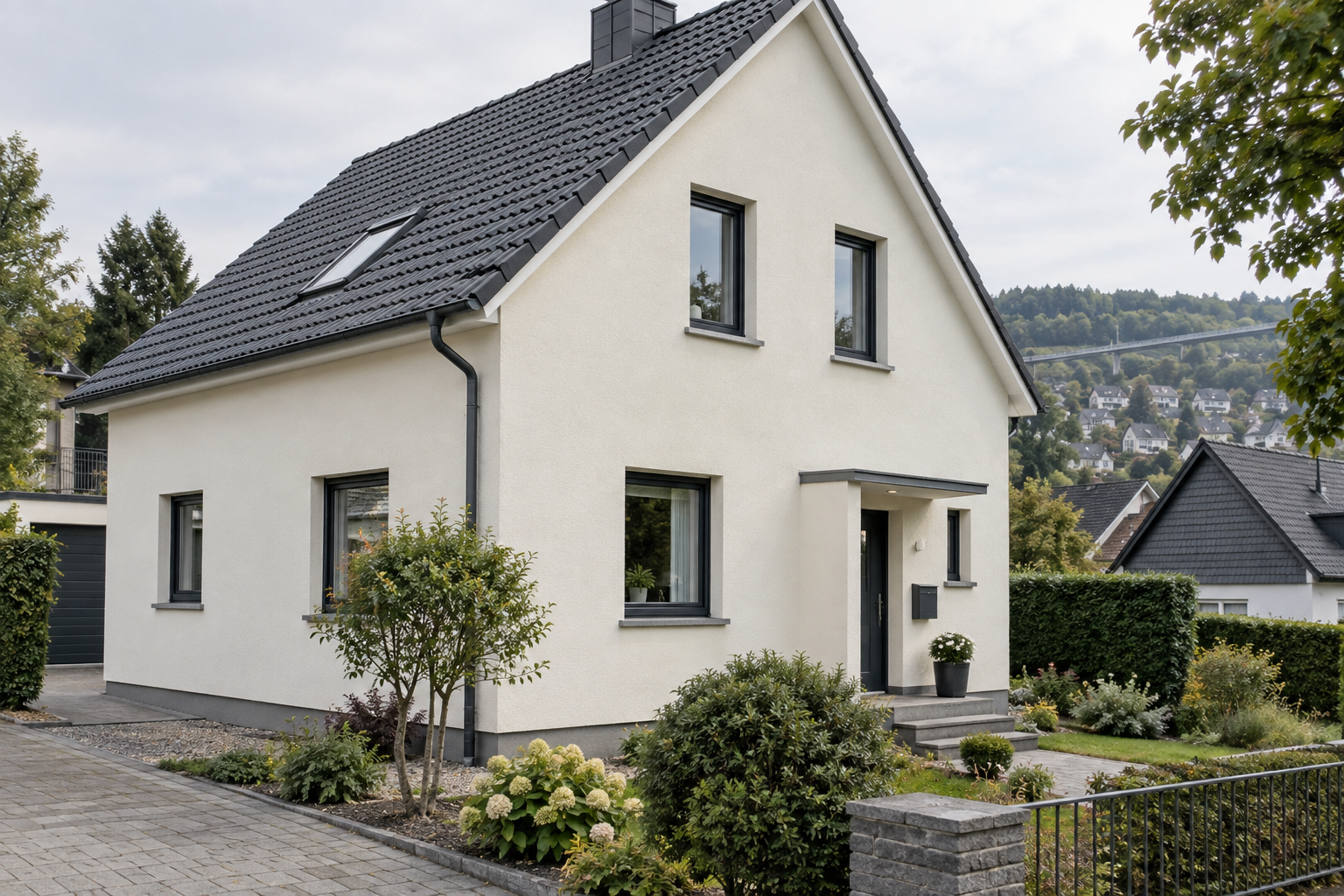 Heller Fassadenanstrich an einem Einfamilienhaus