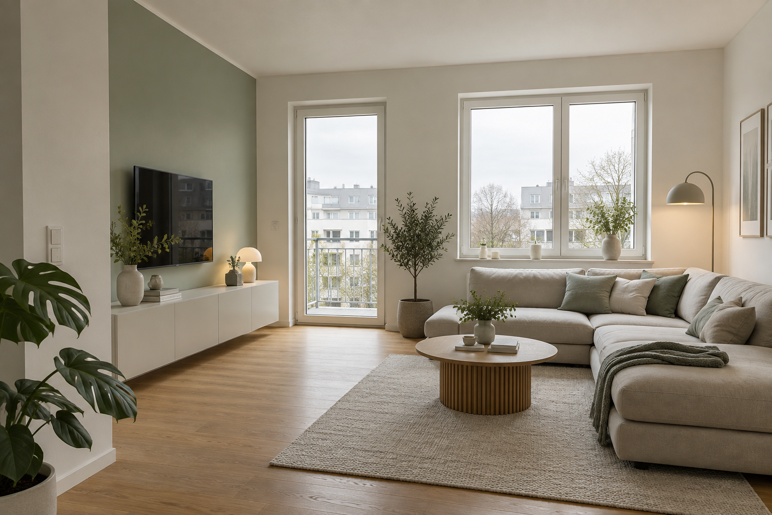 Wohnraum mit heller Wandgestaltung und salbeigrüner Akzentwand